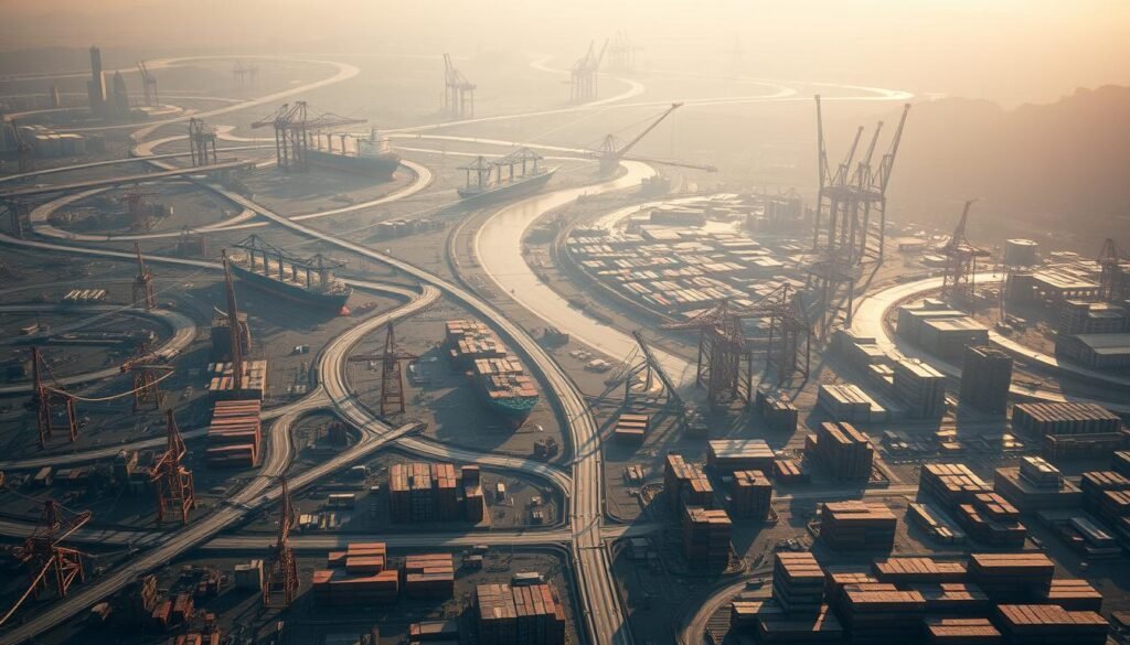 A sprawling global supply chain landscape, captured in a detailed, cinematic style. In the foreground, a tangled web of transportation routes and logistics hubs, conveying a sense of complexity and interconnectedness. The middle ground features towering cargo ships, cranes, and warehouses, symbolizing the scale and infrastructure of modern supply chains. In the background, a hazy cityscape with skyscrapers and industrial facilities, hinting at the broader economic forces shaping this intricate system. Dramatic lighting casts long shadows, creating a sense of tension and unease, reflecting the "pressure" exerted on global supply chains. The overall composition conveys the fragility and vulnerability of this critical economic engine. A sprawling global supply chain landscape, captured in a detailed, cinematic style. In the foreground, a tangled web of transportation routes and logistics hubs, conveying a sense of complexity and interconnectedness. The middle ground features towering cargo ships, cranes, and warehouses, symbolizing the scale and infrastructure of modern supply chains. In the background, a hazy cityscape with skyscrapers and industrial facilities, hinting at the broader economic forces shaping this intricate system. Dramatic lighting casts long shadows, creating a sense of tension and unease, reflecting the "pressure" exerted on global supply chains. The overall composition conveys the fragility and vulnerability of this critical economic engine.