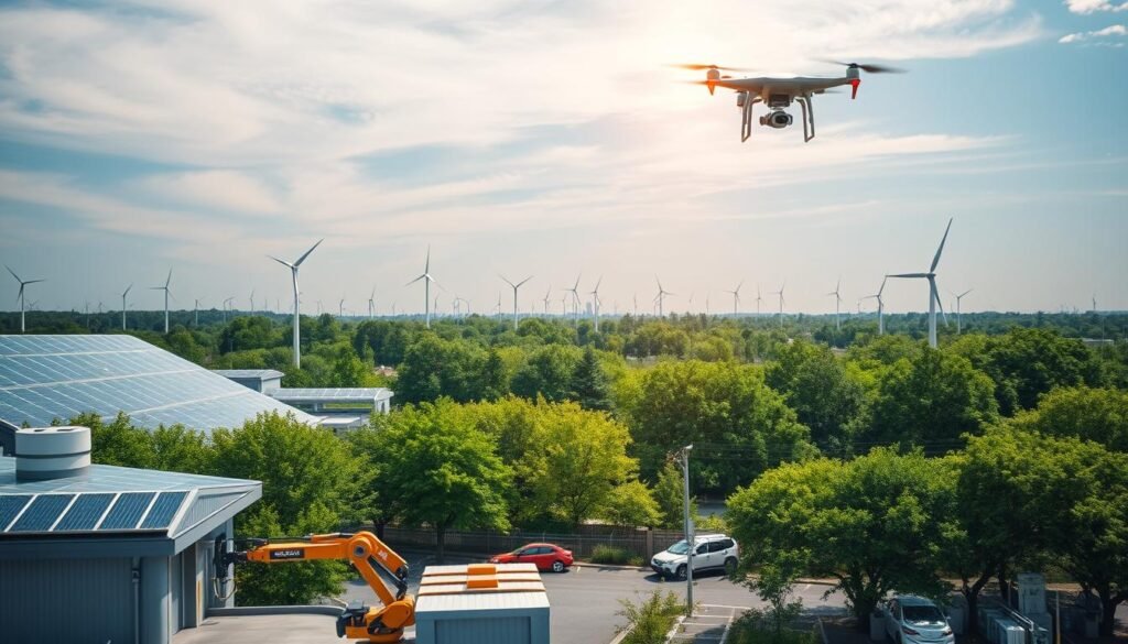 A sprawling green technology landscape, with solar panels on rooftops, wind turbines dotting the horizon, and electric vehicles charging at sleek charging stations. The foreground features an automated warehouse, its robotic arms efficiently moving goods, powered by renewable energy sources. In the middle ground, autonomous drones soar overhead, monitoring inventory and transportation. The background is filled with lush, verdant trees and a clear blue sky, creating a serene, environmentally conscious atmosphere. Soft, warm lighting illuminates the scene, emphasizing the harmony between technology and nature. Captured with a wide-angle lens, the image conveys the environmental benefits of warehouse automation and the embrace of sustainable practices.