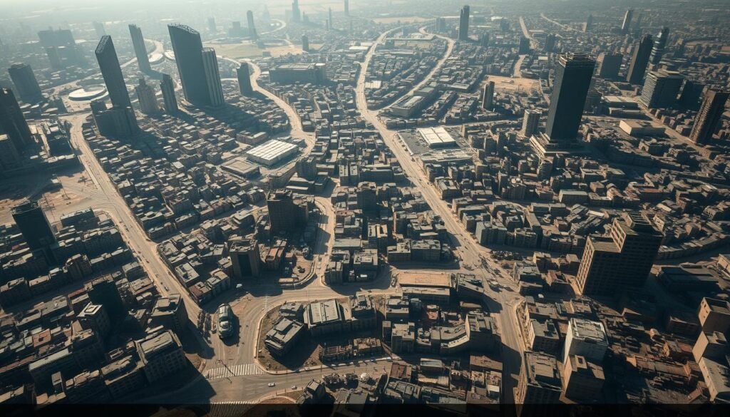 A sprawling urban landscape, captured in an aerial view. The foreground features a complex network of streets, alleyways, and buildings, with military vehicles and armed personnel patrolling the terrain. In the middle ground, strategic fortifications and barricades dot the scene, creating a sense of tactical defensibility. The background is dominated by towering skyscrapers and industrial complexes, casting long shadows that accentuate the harsh, angular geometry of the urban environment. The lighting is a combination of natural sunlight and the warm glow of artificial illumination, creating a sense of tension and unease. The overall mood is one of military control and strategic dominance, reflecting the realities of modern urban warfare.
