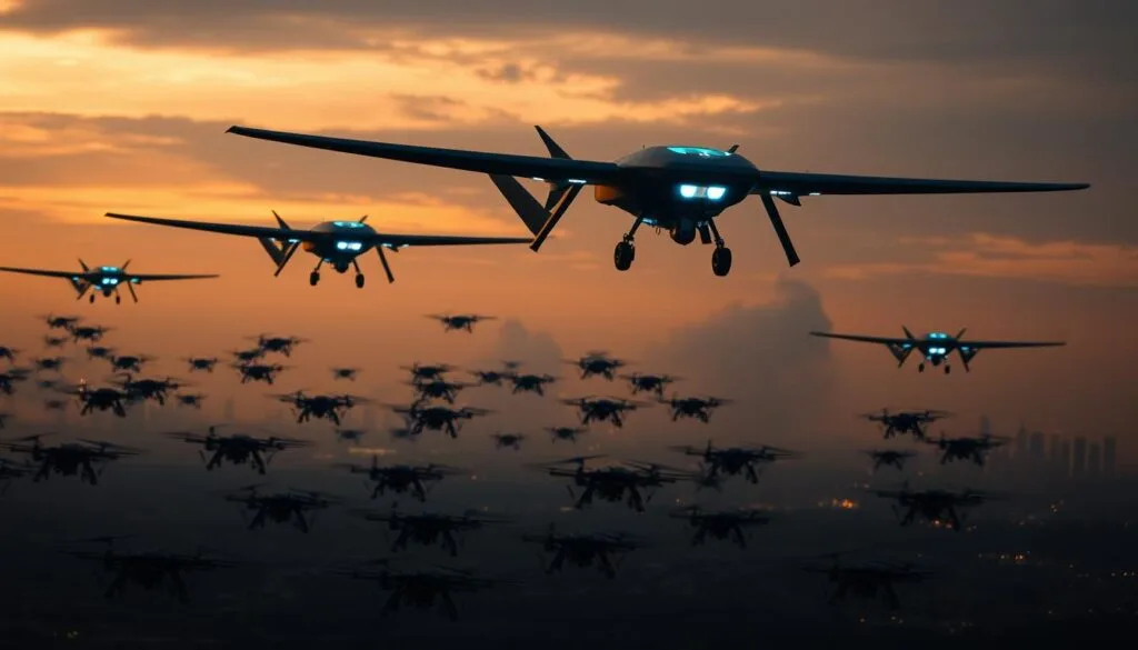 A squadron of advanced military drones soaring through a darkened sky, their sleek silhouettes illuminated by the glow of holographic targeting displays. In the foreground, a swarm of smaller drones weave and dart, their movements coordinated by an AI control system. The drones' sensors sweep the landscape below, gathering intelligence and identifying potential targets. In the background, a distant city skyline is partially obscured by plumes of smoke, hinting at the larger conflict unfolding. The overall scene conveys a sense of high-tech warfare, precision, and the growing influence of autonomous systems in modern combat.