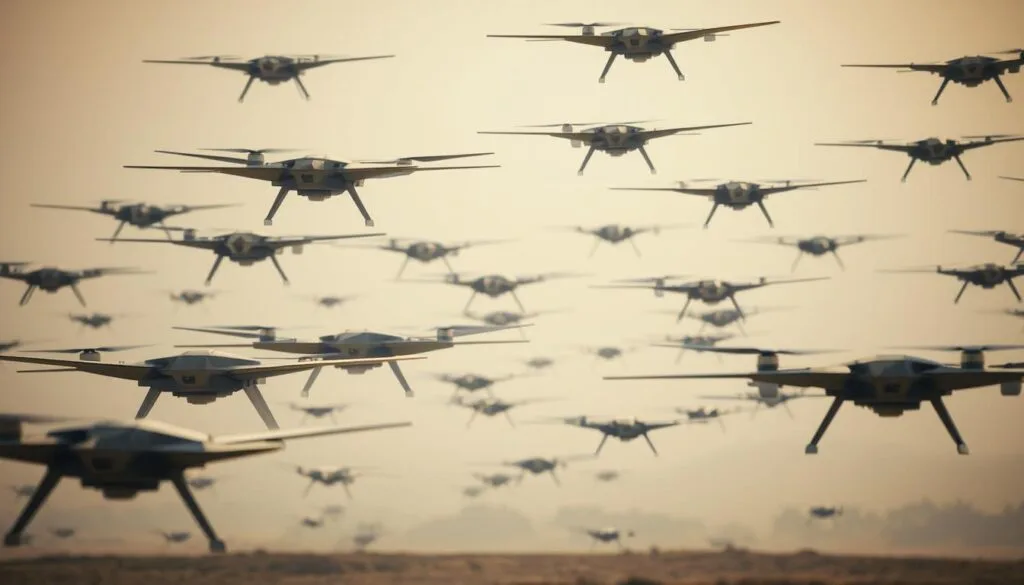 A swarm of advanced drones, each with a distinct purpose, hovering in perfect synchronization. The foreground features a cluster of sleek, angular drones with precision-engineered forms, their metallic surfaces gleaming under the soft, diffused light. In the middle ground, the drones move in intricate patterns, their movements choreographed by an unseen, intelligent algorithm. The background is a hazy, minimalist landscape, hinting at the technological prowess required to orchestrate such a sophisticated display of coordinated autonomy. The overall atmosphere is one of power, innovation, and the relentless march of military technology in the age of AI-driven warfare.