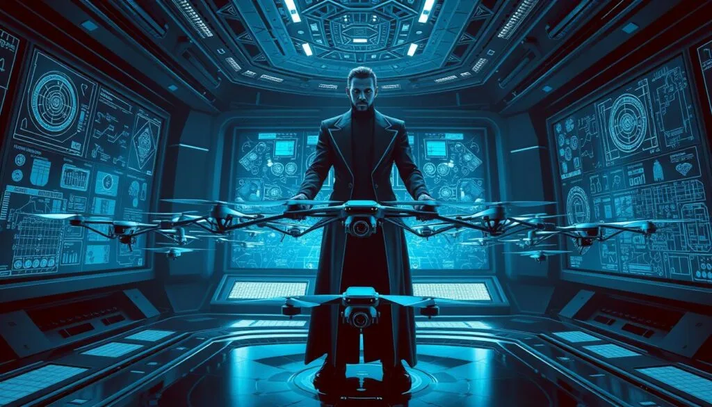 A towering figure stands amidst a gleaming, high-tech control center, surrounded by holographic displays and intricate schematics. Piercing eyes gaze intently, as this architectural genius orchestrates the fluid, synchronized movements of a vast drone swarm, each craft a precise instrument in an elegant, AI-driven dance. The room is bathed in a cool, blue-tinted light, casting dramatic shadows and lending an air of intensity to the scene. Sleek, angular lines and gleaming metal surfaces convey a sense of cutting-edge innovation, while the drone swarm outside the windows hints at the true scale and power of this individual's vision.