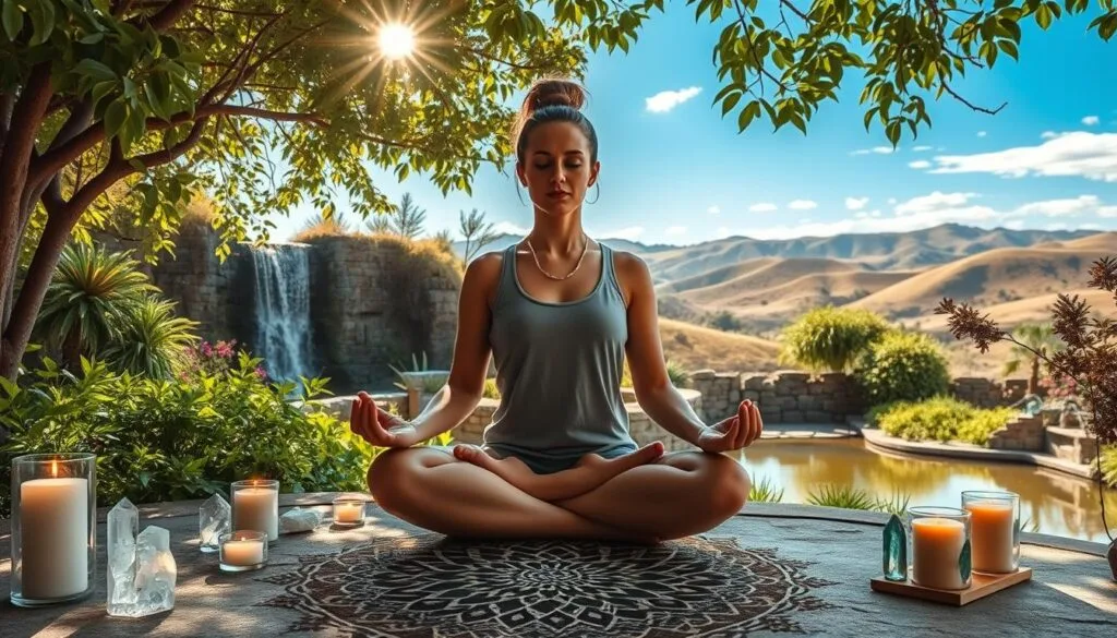A tranquil garden oasis, sunlight filtering through lush foliage. In the foreground, a person meditating in a cross-legged pose, their expression serene. Surrounding them, symbolic elements of holistic self-improvement - crystals, candles, and a mandala pattern on the ground. In the middle ground, a cascading waterfall and a small pond, reflecting the natural world. In the background, rolling hills and a vibrant blue sky, creating a sense of balance and harmony. The overall mood is one of inner peace, rejuvenation, and a harmonious connection between the individual and the natural environment.