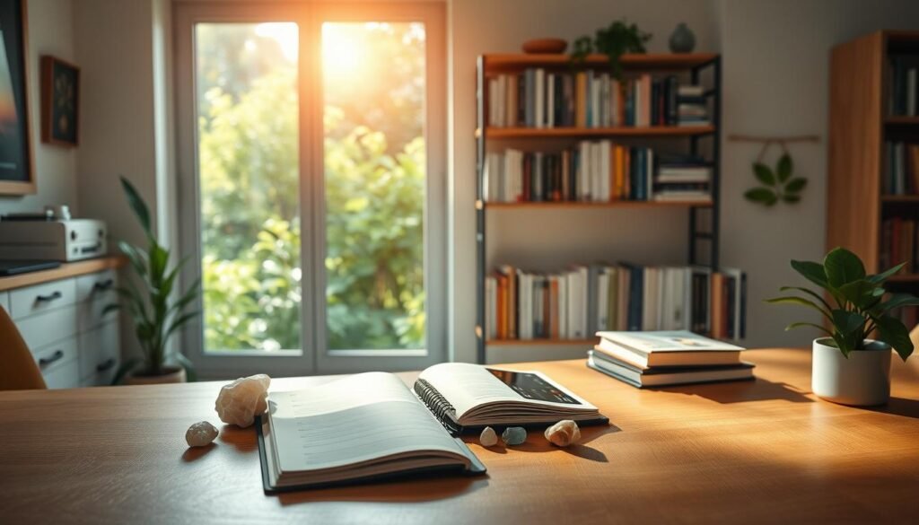 A tranquil, sun-dappled workspace showcasing an array of holistic wellness assessment tools. In the foreground, a sleek, minimalist wooden desk holds an open journal, a set of calming crystals, and a tablet displaying biometric data. In the middle ground, a wall-mounted bookshelf houses an assortment of wellness-themed books and self-improvement guides. The background features a large window overlooking a lush, verdant garden, bathing the scene in a warm, natural light. The overall atmosphere evokes a sense of introspection, balance, and a commitment to personal growth.