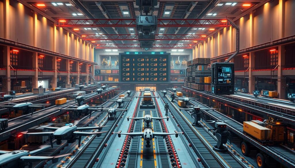 A vast, automated logistics hub hums with activity. In the foreground, an array of autonomous drones and robotic platforms swiftly transport cargo, navigating a complex web of conveyor belts and loading stations. Overhead, a network of AI-controlled cranes and lifts orchestrate the seamless flow of supplies, while in the background, data centers and control rooms pulsate with the real-time analysis of logistics patterns. Sleek, futuristic architecture frames the scene, bathed in a warm, ambient glow that suggests the precision and efficiency of this AI-driven system. The atmosphere conveys a sense of technological mastery over the complexities of modern warfare, where logistics are as crucial as the battlefield itself.