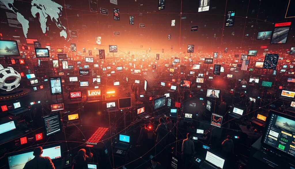 A vast digital battlefield, with screens and data streams clashing in a chaotic symphony of information warfare. In the foreground, a tangled web of misinformation and propaganda, with half-truths and distorted narratives vying for attention. The middle ground is a haze of conflicting narratives, as nations and factions deploy armies of bots and trolls to sway public opinion. In the background, the imposing silhouettes of global powers, their policies and strategies intertwined with the digital onslaught. Dramatic lighting casts sharp shadows, accentuating the high-stakes and high-tension nature of this invisible conflict. A cinematic, wide-angle lens captures the grand scale and complexity of the information war landscape. A vast digital battlefield, with screens and data streams clashing in a chaotic symphony of information warfare. In the foreground, a tangled web of misinformation and propaganda, with half-truths and distorted narratives vying for attention. The middle ground is a haze of conflicting narratives, as nations and factions deploy armies of bots and trolls to sway public opinion. In the background, the imposing silhouettes of global powers, their policies and strategies intertwined with the digital onslaught. Dramatic lighting casts sharp shadows, accentuating the high-stakes and high-tension nature of this invisible conflict. A cinematic, wide-angle lens captures the grand scale and complexity of the information war landscape.