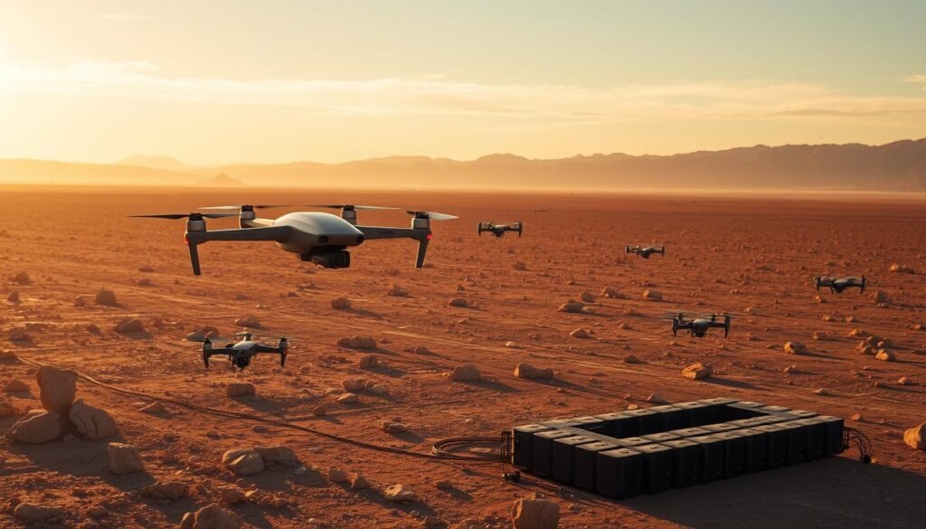 A vast expanse of a barren, rocky landscape stretches out, bathed in warm, golden sunlight. In the foreground, a sleek, futuristic drone hovers silently, its sensors and cameras scanning the terrain. Surrounding it, a swarm of smaller drones buzz and dart, their movements coordinated through a sophisticated edge computing network. Arrayed in the middle ground, servers and processing units form a distributed edge computing infrastructure, their blinking lights and heat signatures visible. In the distance, mountains rise, their peaks shrouded in wispy clouds. The scene conveys a sense of technological prowess, efficient data processing, and the synergy between autonomous systems and the edge computing that enables their real-time decision-making.