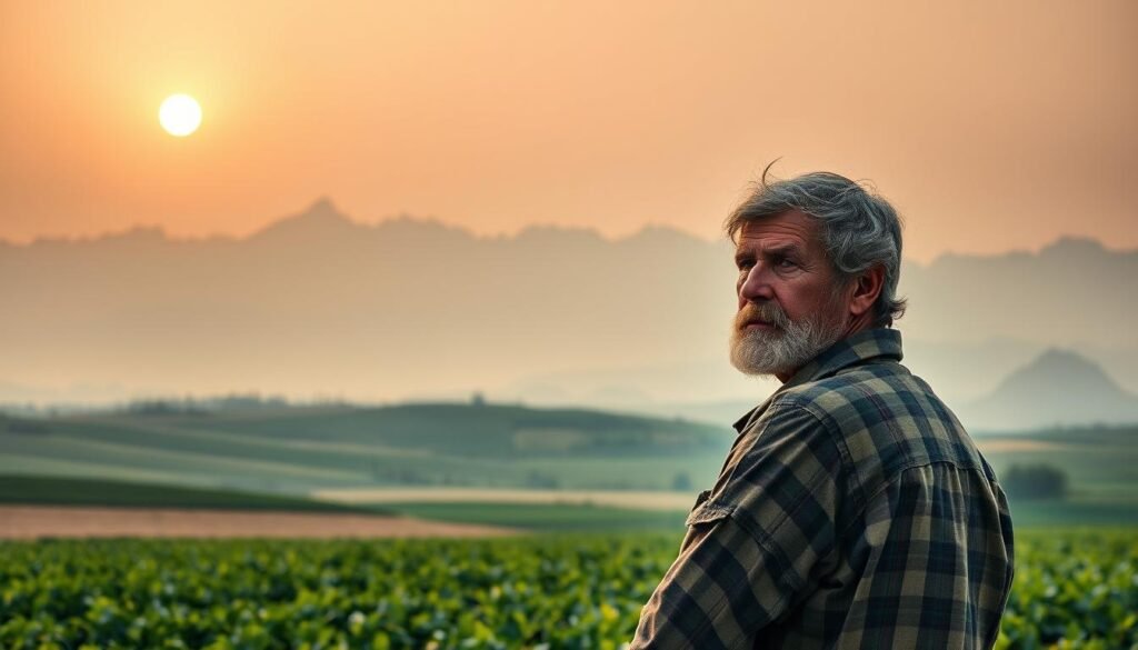 A vast expanse of farmland, lush with verdant crops, stretches out before a backdrop of towering mountains capped with snow. In the foreground, a weathered farmer surveys the scene, his face etched with concern as he contemplates the challenges of maintaining a stable food supply. The sky is hazy, tinged with the subtle glow of an unseen sun, conveying a sense of uncertainty and the fragility of the situation. The composition is balanced, with the rolling hills and distant peaks providing a sense of depth and scale, while the farmer's pensive gaze draws the viewer's attention to the heart of the matter - the delicate balance between food security and the broader forces of global instability. A vast expanse of farmland, lush with verdant crops, stretches out before a backdrop of towering mountains capped with snow. In the foreground, a weathered farmer surveys the scene, his face etched with concern as he contemplates the challenges of maintaining a stable food supply. The sky is hazy, tinged with the subtle glow of an unseen sun, conveying a sense of uncertainty and the fragility of the situation. The composition is balanced, with the rolling hills and distant peaks providing a sense of depth and scale, while the farmer's pensive gaze draws the viewer's attention to the heart of the matter - the delicate balance between food security and the broader forces of global instability.