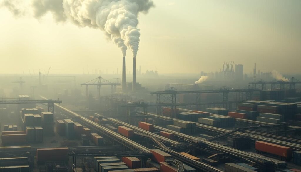 A vast industrial landscape, shrouded in a hazy, ominous atmosphere. In the foreground, a tangled web of supply chains, conveyor belts, and shipping containers, all struggling under the weight of disruption. In the middle ground, a towering factory, its smokestacks belching thick, foreboding clouds that cast a shadow over the scene. In the background, a city skyline, its buildings seemingly trapped in a state of economic stagnation. Subtle, yet pervasive, the tension of inflation lingers, manifested in the distorted, unsettled nature of the environment. Harsh, directional lighting casts sharp shadows, emphasizing the sense of unease and uncertainty. The overall composition conveys the complex, multifaceted nature of supply chain disruptions and their impact on the broader economy.