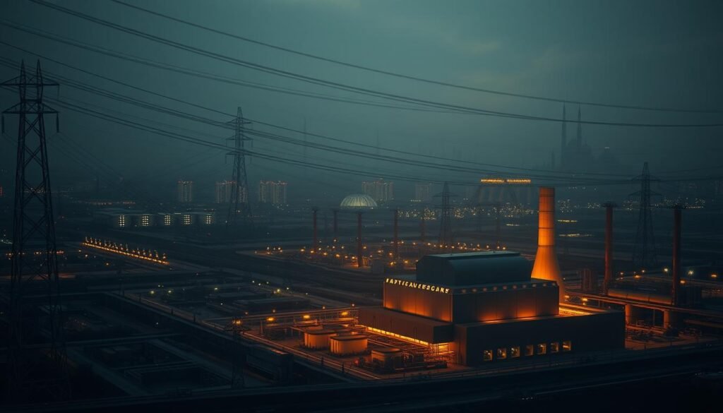 A vast, sprawling energy grid stretches across a dimly lit, industrial landscape. Towering power lines and hulking, angular structures cast long shadows, evoking a sense of scale and geopolitical significance. In the foreground, a sleek, futuristic power plant, bathed in a warm, amber glow, stands as a symbol of technological advancement and energy security. The background is hazy, with the faint silhouettes of skyscrapers and political landmarks, hinting at the complex interplay of global powers and their influence over energy resources. The overall atmosphere is one of tension, power, and the high-stakes competition for energy dominance. A vast, sprawling energy grid stretches across a dimly lit, industrial landscape. Towering power lines and hulking, angular structures cast long shadows, evoking a sense of scale and geopolitical significance. In the foreground, a sleek, futuristic power plant, bathed in a warm, amber glow, stands as a symbol of technological advancement and energy security. The background is hazy, with the faint silhouettes of skyscrapers and political landmarks, hinting at the complex interplay of global powers and their influence over energy resources. The overall atmosphere is one of tension, power, and the high-stakes competition for energy dominance.