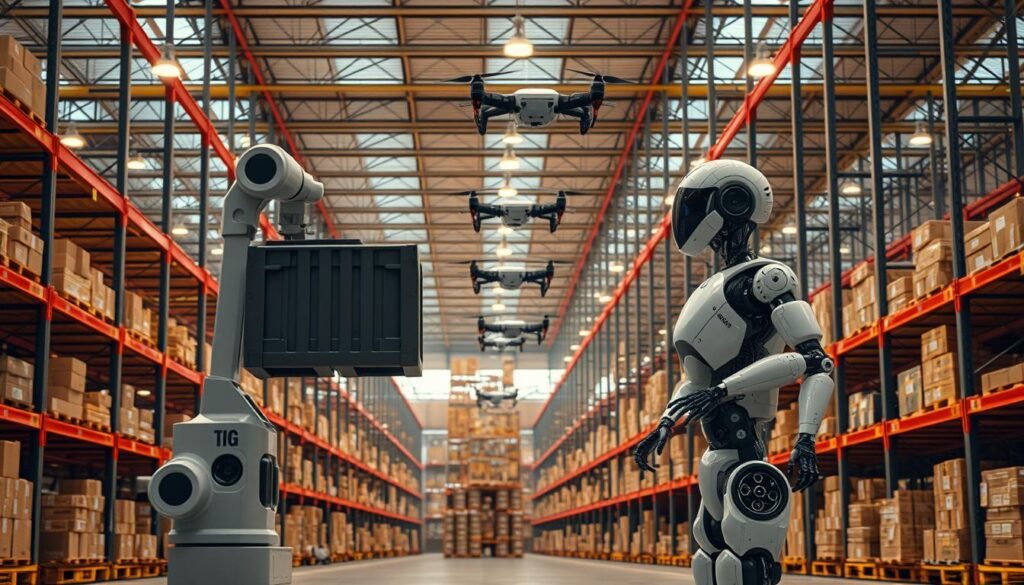 A vast warehouse filled with rows of high-tech robots, each one meticulously designed to streamline logistics and boost efficiency. In the foreground, a robotic arm effortlessly lifts a heavy crate, its movements precise and fluid. In the middle ground, autonomous drones zip through the air, delivering items to designated stations. In the background, a humanoid robot navigates the aisles, scanning inventory and providing real-time data. The scene is bathed in a warm, industrial glow, reflecting the benefits of embracing advanced robotics in the modern warehouse: increased productivity, reduced labor costs, and enhanced safety for human workers. A vast warehouse filled with rows of high-tech robots, each one meticulously designed to streamline logistics and boost efficiency. In the foreground, a robotic arm effortlessly lifts a heavy crate, its movements precise and fluid. In the middle ground, autonomous drones zip through the air, delivering items to designated stations. In the background, a humanoid robot navigates the aisles, scanning inventory and providing real-time data. The scene is bathed in a warm, industrial glow, reflecting the benefits of embracing advanced robotics in the modern warehouse: increased productivity, reduced labor costs, and enhanced safety for human workers.