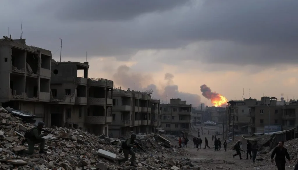 A war-torn urban landscape in Gaza, buildings scarred by intense conflict. In the foreground, rubble-strewn streets, debris, and shattered structures. Smoke billows from distant explosions, casting an eerie orange glow across the scene. Soldiers crouch in the shadows, weapons at the ready, while civilians flee in desperation. Overhead, a dark, clouded sky suggests an atmosphere of tension and unease. The image conveys the harsh realities of urban warfare, a testament to the human toll of the ongoing conflict.