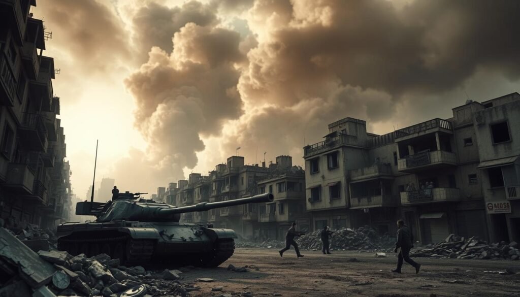 An urban landscape ravaged by war, buildings in ruins, billowing smoke obscuring the sky. In the foreground, a destroyed tank and rubble-strewn streets, punctuated by the silhouettes of armed figures engaged in close-quarters combat. The middle ground reveals shattered windows, collapsed structures, and the grim remnants of civilian life. A brooding, oppressive atmosphere permeates the scene, conveyed through muted tones, harsh shadows, and a sense of desolation. The camera angle is low, lending a sense of gritty realism, as if the viewer is immersed in the heart of the battle. Realistic textures, intricate details, and a cinematic lighting scheme create a visceral, impactful depiction of the horrors of urban warfare. An urban landscape ravaged by war, buildings in ruins, billowing smoke obscuring the sky. In the foreground, a destroyed tank and rubble-strewn streets, punctuated by the silhouettes of armed figures engaged in close-quarters combat. The middle ground reveals shattered windows, collapsed structures, and the grim remnants of civilian life. A brooding, oppressive atmosphere permeates the scene, conveyed through muted tones, harsh shadows, and a sense of desolation. The camera angle is low, lending a sense of gritty realism, as if the viewer is immersed in the heart of the battle. Realistic textures, intricate details, and a cinematic lighting scheme create a visceral, impactful depiction of the horrors of urban warfare.