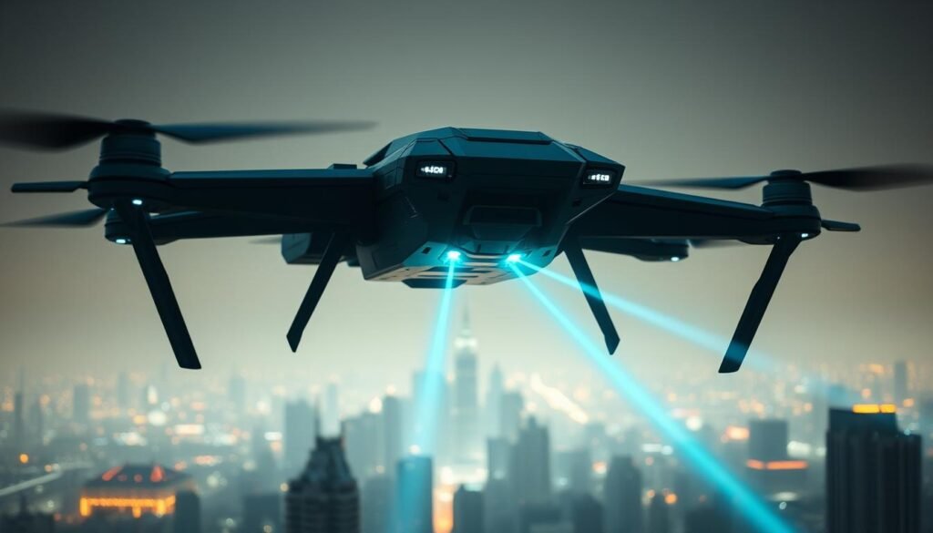Detailed close-up of a high-tech laser defense drone, hovering above a futuristic cityscape. The drone's sleek, angular frame is adorned with advanced targeting sensors and a powerful directed-energy weapon. Brilliant cyan beams of energy emanate from the drone's laser emitters, slicing through the air with precision and purpose. The city in the background is shrouded in an eerie glow, hinting at the drone's defensive role in a world threatened by emerging drone technologies. Dramatic lighting casts dramatic shadows, amplifying the drone's imposing and futuristic presence. Cinematic depth of field and a low camera angle emphasize the drone's dominance and authority.