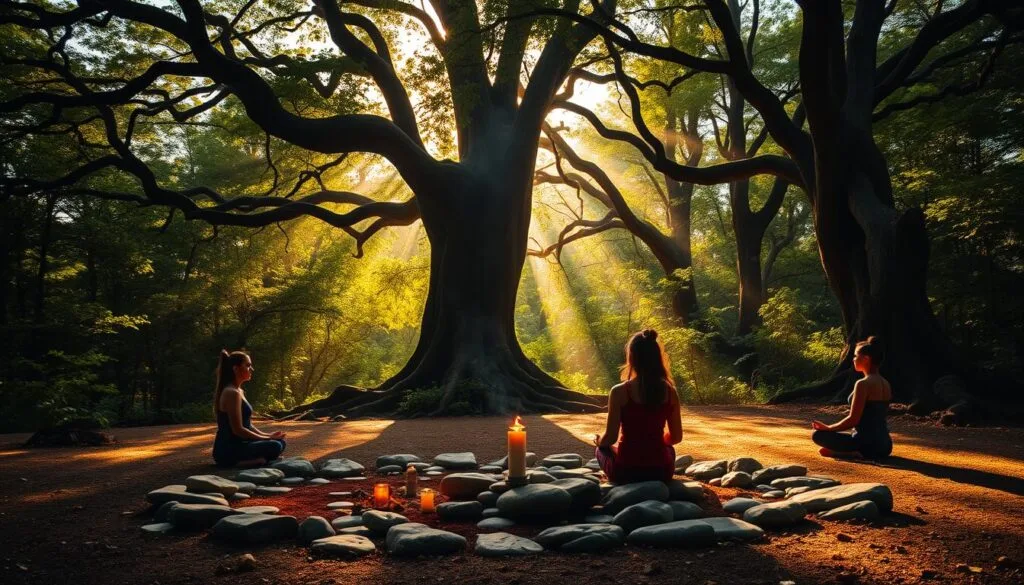 Serene spiritual retreat nestled in lush forest glade, bathed in warm, golden sunlight filtering through verdant canopy. In the foreground, a tranquil meditation circle with smooth river stones and burning incense, inviting contemplation. Figures in lotus position, eyes closed, enveloped in an aura of peaceful focus. Surrounding the clearing, ancient, twisted trees reach skyward, their branches intertwining to form a natural cathedral. An atmosphere of deep introspection and profound inner growth pervades the scene.
