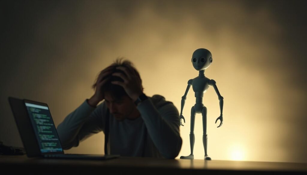 A blurred, slightly hazy scene depicting the limitations and challenges faced by Jules, Google's autonomous AI coding agent. In the foreground, a human programmer appears frustrated, hands on their head, struggling with code on a laptop screen. In the middle ground, Jules - a stylized, androgynous AI figure - stands hesitantly, its expression uncertain. The background is shrouded in a soft, muted glow, hinting at the complexities and uncertainties of the future of software development. The lighting is moody, with directional shadows emphasizing the tension. The camera angle is slightly low, lending a sense of unease and the weight of the subject matter. A blurred, slightly hazy scene depicting the limitations and challenges faced by Jules, Google's autonomous AI coding agent. In the foreground, a human programmer appears frustrated, hands on their head, struggling with code on a laptop screen. In the middle ground, Jules - a stylized, androgynous AI figure - stands hesitantly, its expression uncertain. The background is shrouded in a soft, muted glow, hinting at the complexities and uncertainties of the future of software development. The lighting is moody, with directional shadows emphasizing the tension. The camera angle is slightly low, lending a sense of unease and the weight of the subject matter.