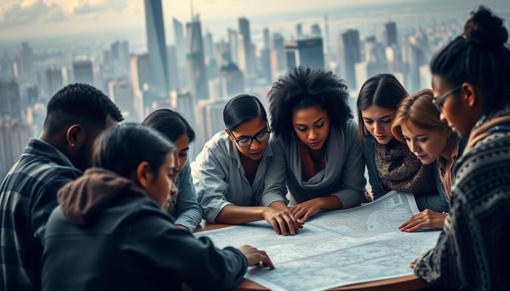 A bustling city skyline fades into the background, its towering skyscrapers representing the global reach of the diaspora. In the foreground, a group of individuals from diverse backgrounds gathers, faces etched with determination and concern. They huddle around a table, poring over maps and documents, their expressions reflecting the challenges of coordinating engagement efforts across borders and cultures. Soft, muted lighting casts shadows, evoking the complexity and nuance of the diaspora's role in responding to conflicts. The scene conveys a sense of unity, but also the obstacles that must be navigated as this global community navigates a path forward. A bustling city skyline fades into the background, its towering skyscrapers representing the global reach of the diaspora. In the foreground, a group of individuals from diverse backgrounds gathers, faces etched with determination and concern. They huddle around a table, poring over maps and documents, their expressions reflecting the challenges of coordinating engagement efforts across borders and cultures. Soft, muted lighting casts shadows, evoking the complexity and nuance of the diaspora's role in responding to conflicts. The scene conveys a sense of unity, but also the obstacles that must be navigated as this global community navigates a path forward.