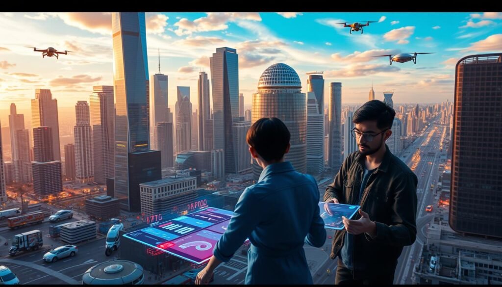 A bustling cityscape of the future, where towering skyscrapers and gleaming domes of glass and steel stretch towards a vibrant, azure sky. In the foreground, a team of software engineers collaborates seamlessly, their hands dancing across holographic interfaces as they code and debug the next generation of intelligent applications. Ambient lighting casts a warm, futuristic glow, while in the background, autonomous drones and self-driving vehicles navigate the urban landscape with precision. The scene conveys a sense of technological progress, collaborative innovation, and the boundless possibilities of an AI-powered future of software development. A bustling cityscape of the future, where towering skyscrapers and gleaming domes of glass and steel stretch towards a vibrant, azure sky. In the foreground, a team of software engineers collaborates seamlessly, their hands dancing across holographic interfaces as they code and debug the next generation of intelligent applications. Ambient lighting casts a warm, futuristic glow, while in the background, autonomous drones and self-driving vehicles navigate the urban landscape with precision. The scene conveys a sense of technological progress, collaborative innovation, and the boundless possibilities of an AI-powered future of software development.