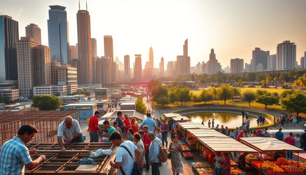 A bustling cityscape with towering skyscrapers and modern architecture, bathed in warm, golden sunlight. In the foreground, a diverse group of people - men, women, and children of different ethnicities - are engaged in various activities: some are working together on a construction site, others are operating small businesses, and a few are participating in a lively community gathering. The middle ground features vibrant street markets, with colorful stalls selling local produce, handicrafts, and street food. In the background, a serene park with lush greenery and a tranquil pond, where people are enjoying leisure activities. The overall atmosphere conveys a sense of harmony, progress, and the collective contributions of a thriving diaspora community to the city's development and well-being. A bustling cityscape with towering skyscrapers and modern architecture, bathed in warm, golden sunlight. In the foreground, a diverse group of people - men, women, and children of different ethnicities - are engaged in various activities: some are working together on a construction site, others are operating small businesses, and a few are participating in a lively community gathering. The middle ground features vibrant street markets, with colorful stalls selling local produce, handicrafts, and street food. In the background, a serene park with lush greenery and a tranquil pond, where people are enjoying leisure activities. The overall atmosphere conveys a sense of harmony, progress, and the collective contributions of a thriving diaspora community to the city's development and well-being.