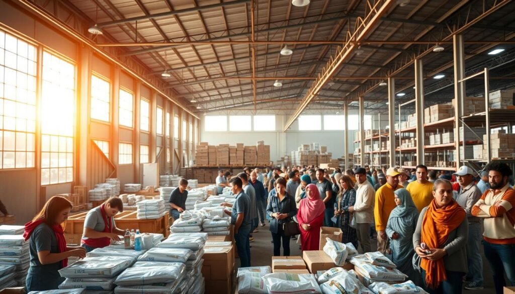 A bustling humanitarian aid distribution center, illuminated by warm natural lighting pouring through large windows. In the foreground, volunteers efficiently sort and package essential supplies - food, water, medicine, and hygiene items. In the middle ground, a diverse group of recipients patiently wait to collect their allotment, representing the global diaspora community. The background showcases a modern, well-equipped logistics hub with high ceilings, steel beams, and carefully organized storage shelves. An atmosphere of organized chaos, efficiency, and compassion pervades the scene, highlighting the strategic importance of diaspora networks in crisis response. A bustling humanitarian aid distribution center, illuminated by warm natural lighting pouring through large windows. In the foreground, volunteers efficiently sort and package essential supplies - food, water, medicine, and hygiene items. In the middle ground, a diverse group of recipients patiently wait to collect their allotment, representing the global diaspora community. The background showcases a modern, well-equipped logistics hub with high ceilings, steel beams, and carefully organized storage shelves. An atmosphere of organized chaos, efficiency, and compassion pervades the scene, highlighting the strategic importance of diaspora networks in crisis response.