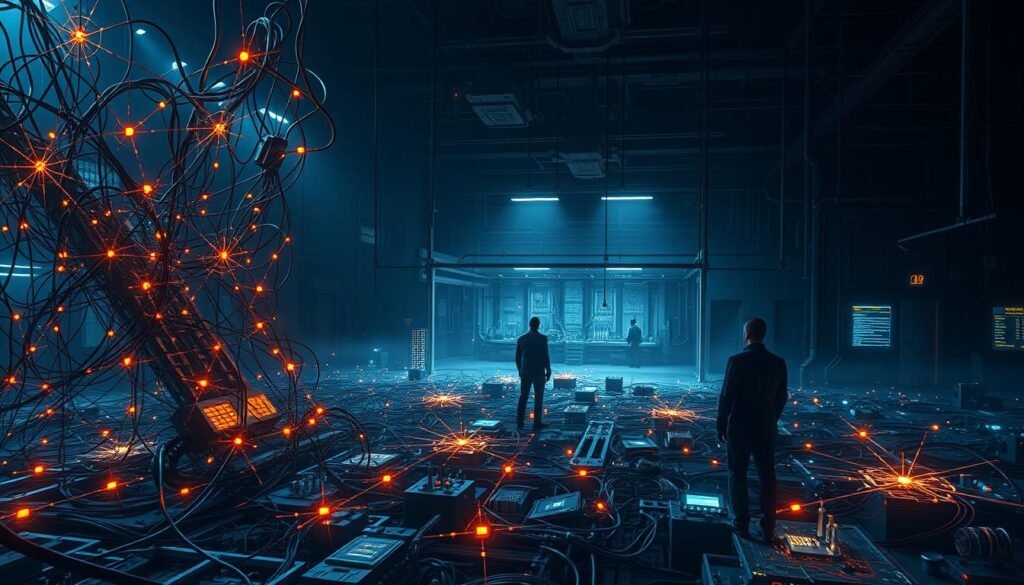 A complex and sprawling AI development landscape, with various challenges and obstacles represented. In the foreground, a maze-like structure of tangled wires, circuit boards, and glowing nodes symbolizes the intricate technical hurdles. In the middle ground, shadowy figures struggle to navigate a sea of data, algorithms, and competing priorities. The background depicts a dimly lit laboratory, with ominous machinery and a sense of uncertainty. Dramatic lighting casts dramatic shadows, evoking the high-stakes and high-pressure nature of AI development. An atmosphere of intensity, complexity, and the constant need for innovation permeates the scene.