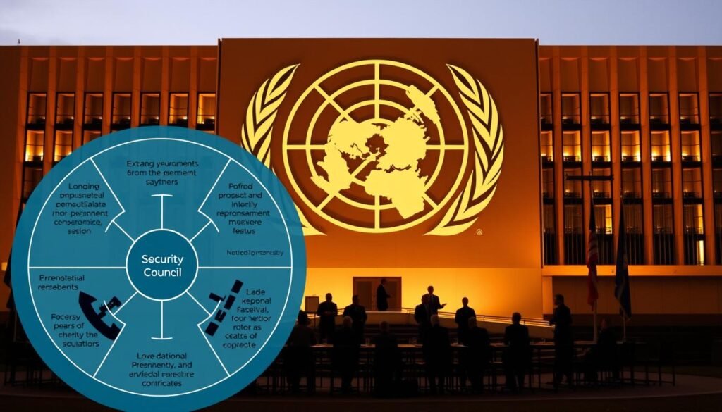 A detailed diagram depicting the key issues surrounding Security Council reform, set against a backdrop of the United Nations headquarters. In the foreground, a circular layout showcases the main reform proposals, such as expanding permanent and non-permanent memberships, adjusting veto power, and enhancing representation. The middle ground features silhouettes of diplomats in discussion, conveying the complex negotiations. In the background, the iconic UN building stands tall, its architecture bathed in warm, authoritative lighting, symbolizing the gravity of the reform process. The overall composition suggests the multilateral, high-stakes nature of this critical global issue.