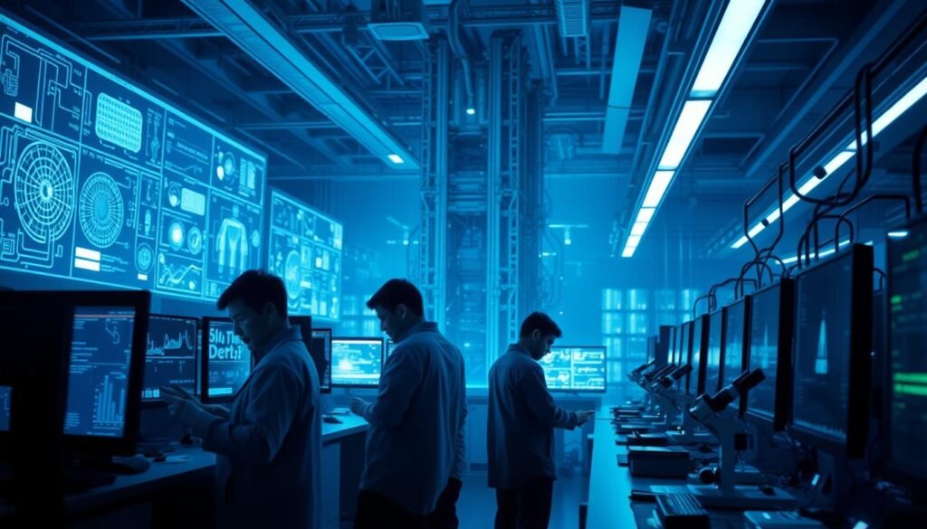 A dimly lit research lab, filled with holographic displays and futuristic computer terminals. In the foreground, a team of researchers pore over intricate schematics and data visualizations, their expressions intense with focus. Soft blue lighting casts an ethereal glow, while the backdrop features a towering, metallic structure - the core of an advanced AI system. Lenses of high-powered microscopes and spectroscopic analysis equipment line the workbenches, hinting at the depth of the scientific inquiry. An atmosphere of discovery and innovation permeates the scene, as the researchers uncover the secrets of artificial intelligence.