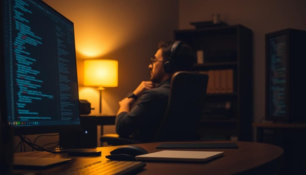 A dimly lit software engineering workspace, with a developer's desk in the foreground. On the screen, intricate lines of code dance across the display, hinting at a complex refactoring process. In the middle ground, a thoughtful programmer leans back in their chair, scrutinizing the screen, their expression one of deep concentration. The background is softly blurred, suggesting a sense of focus and intensity. Warm, subdued lighting casts a cozy glow, creating an atmosphere of analytical problem-solving. The scene conveys the dedicated, technical nature of code refactoring, a crucial task in maintaining and improving Jules, the autonomous AI coding agent. A dimly lit software engineering workspace, with a developer's desk in the foreground. On the screen, intricate lines of code dance across the display, hinting at a complex refactoring process. In the middle ground, a thoughtful programmer leans back in their chair, scrutinizing the screen, their expression one of deep concentration. The background is softly blurred, suggesting a sense of focus and intensity. Warm, subdued lighting casts a cozy glow, creating an atmosphere of analytical problem-solving. The scene conveys the dedicated, technical nature of code refactoring, a crucial task in maintaining and improving Jules, the autonomous AI coding agent.
