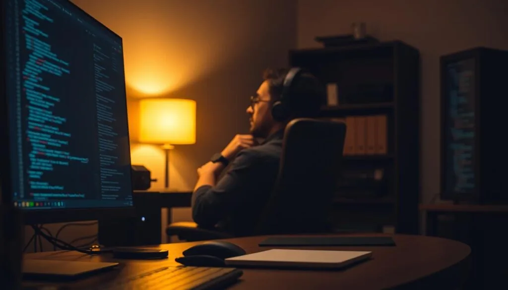 A dimly lit software engineering workspace, with a developer's desk in the foreground. On the screen, intricate lines of code dance across the display, hinting at a complex refactoring process. In the middle ground, a thoughtful programmer leans back in their chair, scrutinizing the screen, their expression one of deep concentration. The background is softly blurred, suggesting a sense of focus and intensity. Warm, subdued lighting casts a cozy glow, creating an atmosphere of analytical problem-solving. The scene conveys the dedicated, technical nature of code refactoring, a crucial task in maintaining and improving Jules, the autonomous AI coding agent. A dimly lit software engineering workspace, with a developer's desk in the foreground. On the screen, intricate lines of code dance across the display, hinting at a complex refactoring process. In the middle ground, a thoughtful programmer leans back in their chair, scrutinizing the screen, their expression one of deep concentration. The background is softly blurred, suggesting a sense of focus and intensity. Warm, subdued lighting casts a cozy glow, creating an atmosphere of analytical problem-solving. The scene conveys the dedicated, technical nature of code refactoring, a crucial task in maintaining and improving Jules, the autonomous AI coding agent.