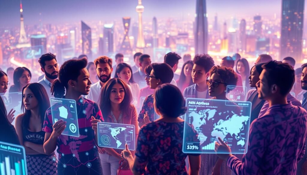 A diverse diaspora community congregating on a vibrant digital platform, connected through glowing holographic interfaces. In the foreground, avatars of individuals from various backgrounds exchange impassioned messages, their expressions animated with purpose. In the middle ground, visualizations of data and analytics pulsate, mapping the spread of their collective mobilization. The background depicts an abstract, futuristic cityscape, its skyscrapers and infrastructure evoking a sense of global interconnectedness. Soft, diffused lighting casts an ethereal glow, heightening the dynamic energy of the scene. Cinematic depth of field and a subtle camera tilt convey a sense of momentum and impact, as the diaspora harnesses the power of digital tools to drive change. A diverse diaspora community congregating on a vibrant digital platform, connected through glowing holographic interfaces. In the foreground, avatars of individuals from various backgrounds exchange impassioned messages, their expressions animated with purpose. In the middle ground, visualizations of data and analytics pulsate, mapping the spread of their collective mobilization. The background depicts an abstract, futuristic cityscape, its skyscrapers and infrastructure evoking a sense of global interconnectedness. Soft, diffused lighting casts an ethereal glow, heightening the dynamic energy of the scene. Cinematic depth of field and a subtle camera tilt convey a sense of momentum and impact, as the diaspora harnesses the power of digital tools to drive change.