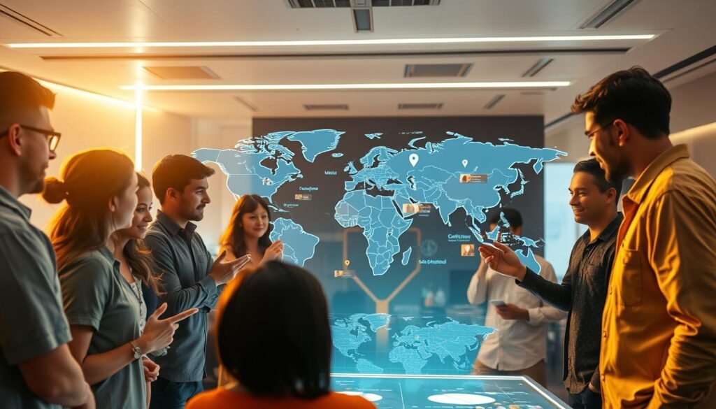A diverse group of humanitarian aid workers collaborating on a global digital map, illuminated by a warm, directional light. In the foreground, a mix of people from different backgrounds engage in lively discussions, gesturing towards the map. In the middle ground, a holographic projection displays real-time data on crisis hotspots and relief efforts. The background features a futuristic, technology-driven workspace with sleek, minimalist design elements. The overall mood is one of innovation, international cooperation, and a shared commitment to addressing pressing humanitarian challenges. A diverse group of humanitarian aid workers collaborating on a global digital map, illuminated by a warm, directional light. In the foreground, a mix of people from different backgrounds engage in lively discussions, gesturing towards the map. In the middle ground, a holographic projection displays real-time data on crisis hotspots and relief efforts. The background features a futuristic, technology-driven workspace with sleek, minimalist design elements. The overall mood is one of innovation, international cooperation, and a shared commitment to addressing pressing humanitarian challenges.
