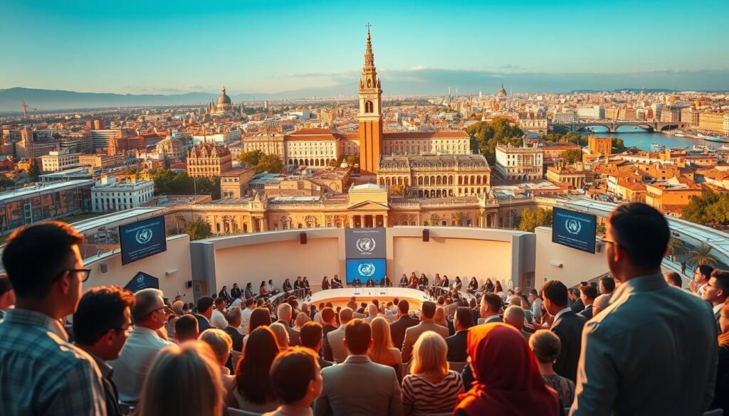 A dynamic, multilayered scene depicting the Sevilla Platform for Action. In the foreground, a diverse group of delegates engaged in animated discussion, their expressions conveying a sense of collaboration and purpose. In the middle ground, a sprawling UN conference hall with contemporary architecture and state-of-the-art technology. The background features the iconic Seville skyline, with the Giralda tower and the Guadalquivir River creating a picturesque backdrop. Warm, natural lighting illuminates the scene, casting a hopeful glow and conveying a spirit of international cooperation. The overall atmosphere suggests a significant moment in the pursuit of UN reform, with the Sevilla Platform serving as a catalyst for progress. A dynamic, multilayered scene depicting the Sevilla Platform for Action. In the foreground, a diverse group of delegates engaged in animated discussion, their expressions conveying a sense of collaboration and purpose. In the middle ground, a sprawling UN conference hall with contemporary architecture and state-of-the-art technology. The background features the iconic Seville skyline, with the Giralda tower and the Guadalquivir River creating a picturesque backdrop. Warm, natural lighting illuminates the scene, casting a hopeful glow and conveying a spirit of international cooperation. The overall atmosphere suggests a significant moment in the pursuit of UN reform, with the Sevilla Platform serving as a catalyst for progress.
