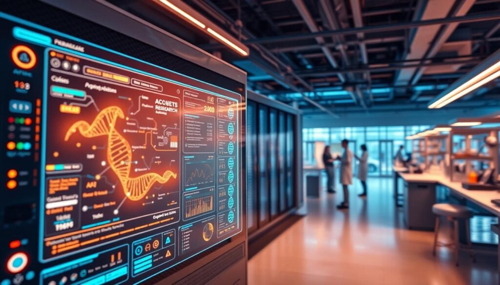 A futuristic API dashboard for genomic research, illuminated by a warm, techno-ambient glow. In the foreground, a sleek, holographic interface displays complex genetic data, with intuitive controls and visualizations. The middle ground features a server rack, its LED panels pulsing with activity, conveying the powerful computational infrastructure powering the API. In the background, a panoramic view of a modern research laboratory, where scientists collaborate and analyze the insights generated by the API. The scene is bathed in a subtle, blue-tinged lighting, creating a sense of scientific rigor and innovation. The overall atmosphere is one of cutting-edge technology seamlessly integrated with genomic research, empowering discoveries that push the boundaries of human understanding.