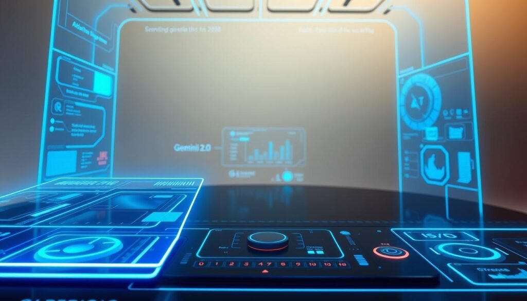 A futuristic digital interface glows with a sleek, minimalist design. Holographic projections and adaptive algorithms seamlessly integrate, showcasing the advanced capabilities of Gemini 2.0. In the foreground, a centralized control panel displays real-time data streams, while in the middle ground, dynamic visualizations and intuitive controls illustrate the system's multimodal intelligence. The background is bathed in a soft, ambient light, creating a sense of technological elegance and innovation. The overall atmosphere conveys a vision of a truly immersive, real-time AI assistant, poised to redefine the future of human-machine interaction.