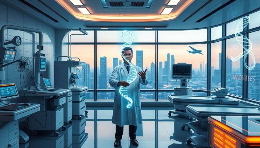 A futuristic hospital room, filled with advanced medical equipment and glowing holographic displays. In the center, a doctor in a white coat stands, examining a 3D model of a DNA helix, manipulating it with gestures. Behind them, a large window reveals a cityscape, with skyscrapers and flying cars. The lighting is a warm, ambient glow, creating a sense of progress and innovation. The overall atmosphere is one of scientific discovery and the transformative power of AI in healthcare and genomics.