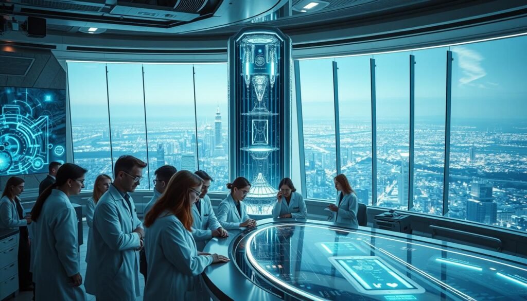 A futuristic laboratory interior with advanced scientific equipment and glowing holographic displays. In the foreground, a group of diverse scientists in white coats and goggles collaborate around a sleek, chrome-accented workstation. The middle ground features a towering, crystalline supercomputer emitting shimmering beams of energy. The background showcases a panoramic window overlooking a sprawling, neon-lit cityscape. Soft, directional lighting casts dramatic shadows, evoking a sense of cutting-edge innovation and discovery. The overall atmosphere is one of collaborative, high-tech scientific exploration.