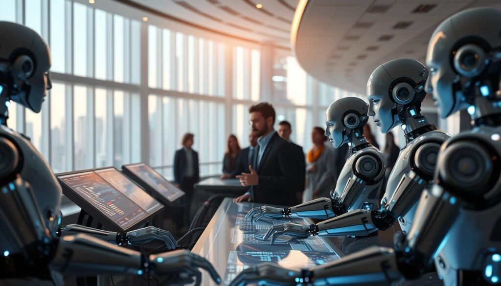 A futuristic scene depicting AI agent orchestrators in a hybrid workforce. In the foreground, a group of humanoid AI agents, their metallic bodies subtly glowing, work in synchronized harmony at sleek, holographic control panels. In the middle ground, a team of human workers collaborates with the AI agents, their expressions contemplative as they monitor the AI-powered workflows. The background is a sprawling, high-tech office environment, with towering windows offering glimpses of a gleaming, futuristic cityscape. Soft, indirect lighting bathes the scene in a warm, ambient glow, creating an atmosphere of efficient, cooperative coexistence between human and artificial intelligence.