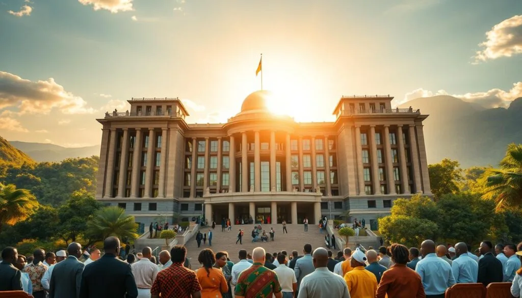 A grand, imposing building representing the African Union, standing tall against a backdrop of lush, verdant landscapes. The structure features a blend of contemporary and traditional African architectural elements, with towering pillars, intricate carvings, and a striking central dome. Sunlight filters through the building's expansive windows, casting a warm, golden glow over the scene. In the foreground, delegates from across the African continent gather, engaged in thoughtful discussions, symbolizing the collaborative spirit of the organization. The atmosphere is one of unity, strength, and a shared vision for the future of the African continent.