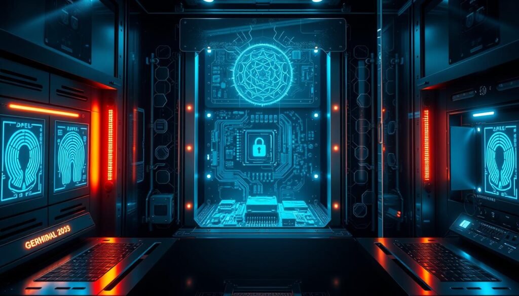 A high-tech security interface with advanced biometric scanners, encryption modules, and tamper-resistant housings. The foreground features sleek metal panels and glowing holographic displays, reflecting the latest advancements in Gemini 2.5 AI security. The middle ground showcases intricate circuit boards, sensor arrays, and robust connection ports, protected by a tempered glass enclosure. The background is shrouded in an atmospheric glow, with subtle hexagonal patterns suggesting a secure, digital environment. Dramatic lighting and cinematic camera angles convey a sense of cutting-edge technology and impenetrable safeguards.