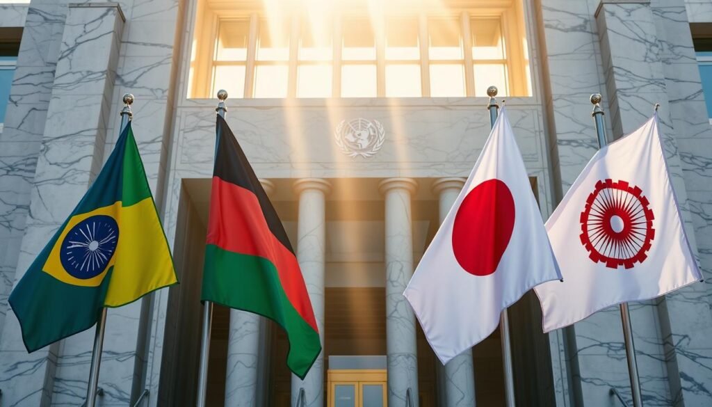 A majestic representation of the G4 nations, embodying their collective aspiration for United Nations Security Council reform. In the foreground, the national flags of Brazil, Germany, India, and Japan stand tall, their vibrant hues and intricate designs capturing the unique identities of these global powers. Behind them, a grand, marble-clad architecture symbolizes the grandeur and authority of the United Nations headquarters, its imposing columns and sweeping arches conveying a sense of solemnity and tradition. Streaks of warm, golden light filter through the windows, casting a subtle glow over the scene and imbuing it with a sense of purpose and determination. The overall composition exudes a harmonious balance between the individual national entities and their shared vision for a more inclusive and representative global governance structure.