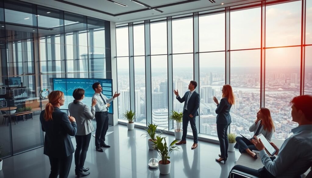 A modern office interior with sleek glass and steel architecture, filled with financial charts, graphs, and visual data displays. In the foreground, a group of business executives dressed in formal attire engaged in a lively discussion, gesturing towards the information on the screens. The middle ground features strategically placed potted plants and minimalist furniture, creating a sense of professionalism and productivity. The background showcases a panoramic view of a bustling city skyline, hinting at the global reach and scale of the investment opportunities. Warm, directional lighting casts a subtle glow, lending an air of confidence and optimism to the scene.