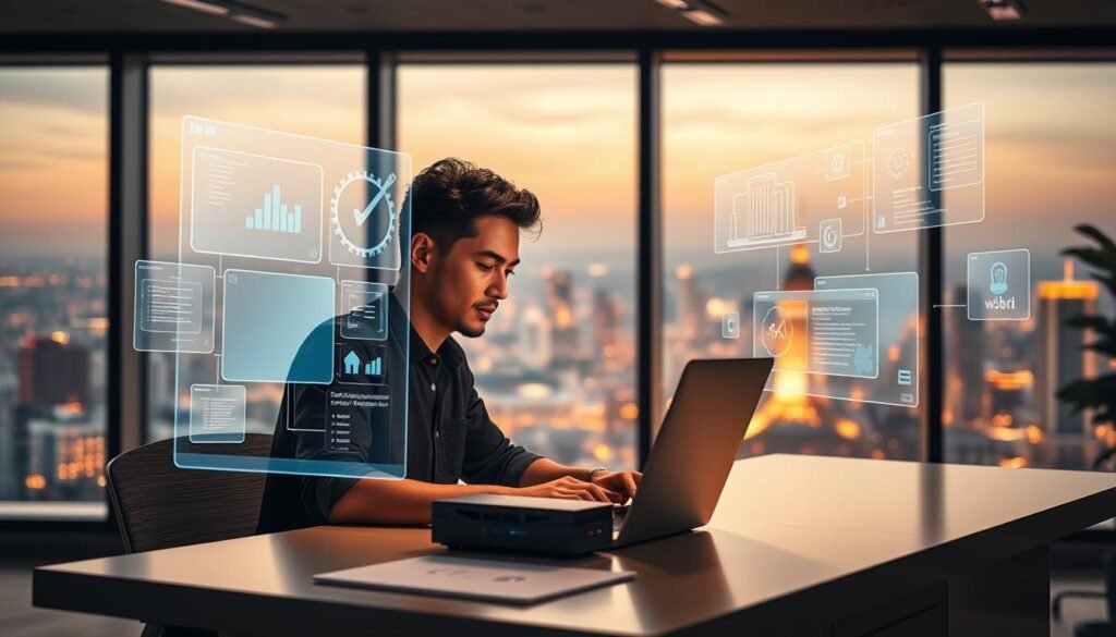 A modern office setting with a developer working on a laptop, surrounded by holographic displays showcasing various web development technologies. The developer is deeply focused, their face illuminated by the soft glow of the screens. In the background, a large window offers a panoramic view of a vibrant city skyline, with the Gemini 2.5 Pro device prominently displayed on the desk. The lighting is a blend of natural daylight and subtle, warm artificial illumination, creating a professional and futuristic atmosphere. The overall scene conveys the power and versatility of the Gemini 2.5 Pro in the realm of web development.