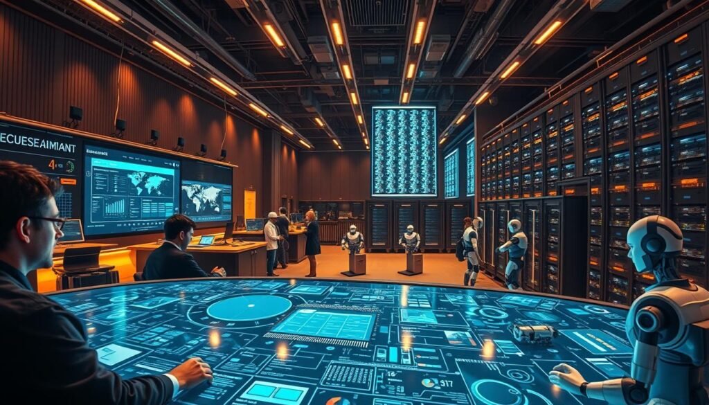 A panoramic view of a bustling AI command center, bathed in a warm, subdued lighting. In the foreground, a team of data scientists and engineers collaboratively monitor a sprawling holographic dashboard, their expressions intense as they orchestrate the seamless deployment of intelligent AI agents across various business units. The middle ground features an array of sleek, autonomous robotic systems performing a diverse range of tasks, seamlessly integrated with human workers in a hybrid workforce. In the background, a towering data center hums with the constant flow of information, powering the intricate neural networks that drive the AI ecosystem. The overall atmosphere exudes a sense of control, efficiency, and a holistic approach to managing the rise of AI-powered solutions.