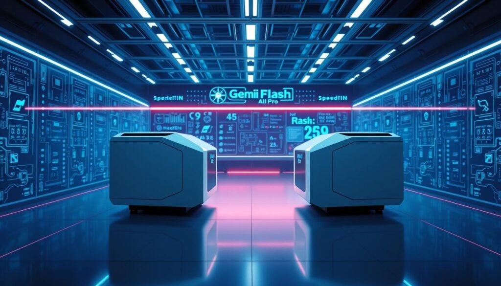 A sleek, futuristic laboratory setting with a central focus on two highly efficient AI models, Gemini Flash and Gemini 2.5 Pro. The models are depicted as advanced, streamlined devices, bathed in a cool, blue-tinted lighting that accentuates their clean, minimalist design. The background features a gridwork of circuit boards, data visualizations, and subtle holographic elements, creating an immersive, tech-savvy atmosphere. The overall composition conveys a sense of power, precision, and cutting-edge innovation, perfectly capturing the speed and efficiency of the Gemini Flash model.
