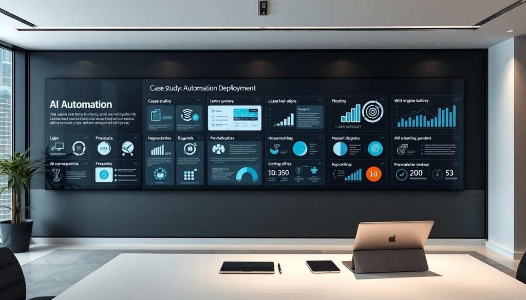 A sleek, minimalist office setting with a large wall display showcasing various case studies and data visualizations related to AI automation deployment. The display features clean typography, infographics, and stylized icons arranged in a visually compelling layout. Soft, indirect lighting creates a professional, technology-forward atmosphere. The foreground includes a modern desk with a laptop, tablet, and office accessories, hinting at the human element behind the AI automation. The background features floor-to-ceiling windows overlooking a futuristic cityscape, conveying a sense of progress and innovation. The overall mood is one of efficiency, insight, and the seamless integration of human and artificial intelligence. A sleek, minimalist office setting with a large wall display showcasing various case studies and data visualizations related to AI automation deployment. The display features clean typography, infographics, and stylized icons arranged in a visually compelling layout. Soft, indirect lighting creates a professional, technology-forward atmosphere. The foreground includes a modern desk with a laptop, tablet, and office accessories, hinting at the human element behind the AI automation. The background features floor-to-ceiling windows overlooking a futuristic cityscape, conveying a sense of progress and innovation. The overall mood is one of efficiency, insight, and the seamless integration of human and artificial intelligence.