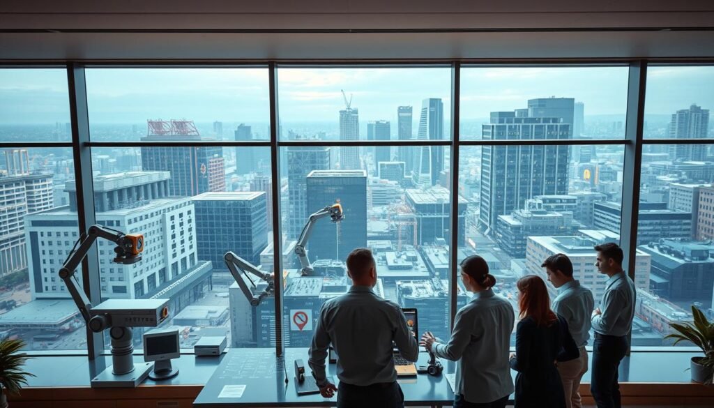 A sleek, modern office interior with large windows overlooking a bustling cityscape. In the foreground, a group of business professionals gathered around a table, intently examining holographic displays and interacting with AI-powered automation software interfaces. Subtle ambient lighting casts a warm glow, conveying a sense of technological sophistication. In the middle ground, robotic arms and autonomous systems perform a variety of tasks seamlessly, from inventory management to quality assurance. The background showcases a diverse range of industries - from a state-of-the-art manufacturing facility to a high-tech medical research lab - all united by the integration of intelligent automation solutions. The overall scene radiates a palpable air of efficiency, innovation, and the future of work. A sleek, modern office interior with large windows overlooking a bustling cityscape. In the foreground, a group of business professionals gathered around a table, intently examining holographic displays and interacting with AI-powered automation software interfaces. Subtle ambient lighting casts a warm glow, conveying a sense of technological sophistication. In the middle ground, robotic arms and autonomous systems perform a variety of tasks seamlessly, from inventory management to quality assurance. The background showcases a diverse range of industries - from a state-of-the-art manufacturing facility to a high-tech medical research lab - all united by the integration of intelligent automation solutions. The overall scene radiates a palpable air of efficiency, innovation, and the future of work.
