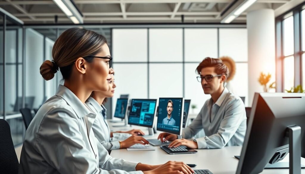 A sleek, modern office setting with a team of conversational AI agents interacting with customers. The foreground features lifelike AI avatars on computer screens, their expressions conveying empathy and engagement. The middle ground showcases the agents' workstations, with state-of-the-art hardware and intuitive software interfaces. The background depicts a minimalist, well-lit open-plan workspace, with large windows allowing natural light to flood the scene. The overall mood is one of efficiency, innovation, and a seamless fusion of human-AI collaboration, creating a superior customer experience. A sleek, modern office setting with a team of conversational AI agents interacting with customers. The foreground features lifelike AI avatars on computer screens, their expressions conveying empathy and engagement. The middle ground showcases the agents' workstations, with state-of-the-art hardware and intuitive software interfaces. The background depicts a minimalist, well-lit open-plan workspace, with large windows allowing natural light to flood the scene. The overall mood is one of efficiency, innovation, and a seamless fusion of human-AI collaboration, creating a superior customer experience.