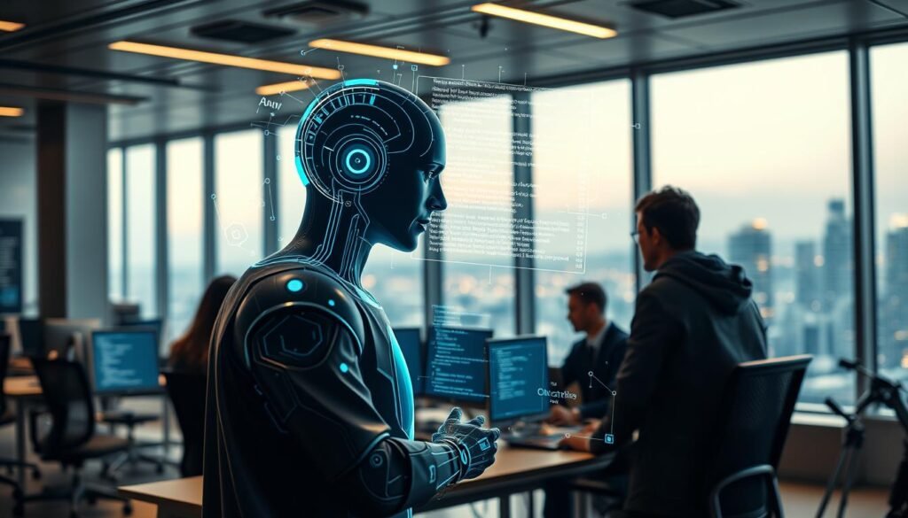 A sleek, modern software development office, bathed in warm, focused lighting. In the foreground, an AI-powered digital assistant collaborates with a team of developers, its holographic interface displaying algorithms, code snippets, and real-time project data. In the middle ground, intelligent automation agents monitor and optimize development workflows, seamlessly integrating with the codebase. The background showcases a large, panoramic window overlooking a futuristic cityscape, symbolizing the integration of AI into the heart of software engineering. The atmosphere is one of efficiency, innovation, and the symbiotic partnership between human and machine intelligence. A sleek, modern software development office, bathed in warm, focused lighting. In the foreground, an AI-powered digital assistant collaborates with a team of developers, its holographic interface displaying algorithms, code snippets, and real-time project data. In the middle ground, intelligent automation agents monitor and optimize development workflows, seamlessly integrating with the codebase. The background showcases a large, panoramic window overlooking a futuristic cityscape, symbolizing the integration of AI into the heart of software engineering. The atmosphere is one of efficiency, innovation, and the symbiotic partnership between human and machine intelligence.