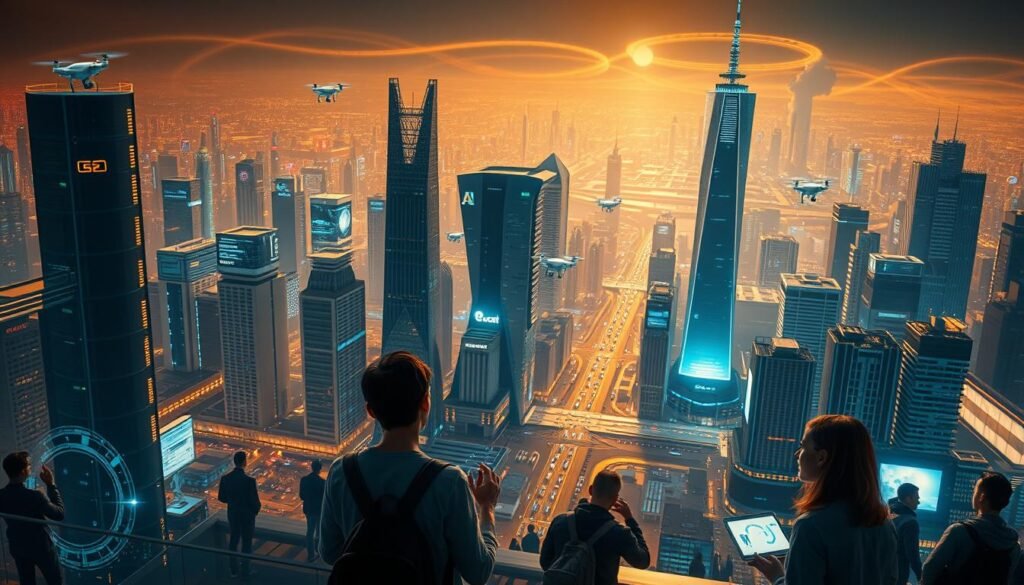 A sprawling futuristic cityscape, bathed in a warm glow of holographic displays and projected interfaces. In the foreground, a group of people seamlessly interacting with advanced AI assistants, their voices and gestures translating into fluid, multimodal responses. The assistants, with humanoid features and an aura of intelligence, anticipate the users' needs, offering information, task completion, and companionship. In the middle ground, autonomous vehicles and delivery drones weave between gleaming skyscrapers, while in the background, a vast network of data centers and quantum computing hubs power the next generation of AI-driven technologies. The scene conveys a sense of wonder, efficiency, and the boundless potential of a future where humans and AI coexist in harmonious symbiosis.