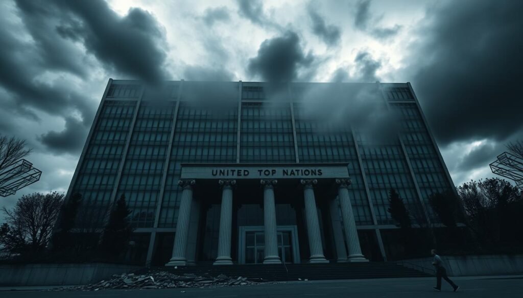 A stark and ominous scene of the United Nations headquarters, its iconic glass-and-steel facade obscured by dark clouds and looming financial troubles. In the foreground, crumbling columns and a worn, weathered entrance symbolize the organization's budgetary woes. Shadows cast by the towering structure hint at the weight of its current fiscal crisis. The background is a muted palette of grays and blues, reflecting the somber mood. Dramatic lighting casts a sense of urgency, as if the very foundations of the UN are under threat. The overall impression is one of an institution struggling to maintain its relevance and operational capacity amidst daunting financial challenges. A stark and ominous scene of the United Nations headquarters, its iconic glass-and-steel facade obscured by dark clouds and looming financial troubles. In the foreground, crumbling columns and a worn, weathered entrance symbolize the organization's budgetary woes. Shadows cast by the towering structure hint at the weight of its current fiscal crisis. The background is a muted palette of grays and blues, reflecting the somber mood. Dramatic lighting casts a sense of urgency, as if the very foundations of the UN are under threat. The overall impression is one of an institution struggling to maintain its relevance and operational capacity amidst daunting financial challenges.